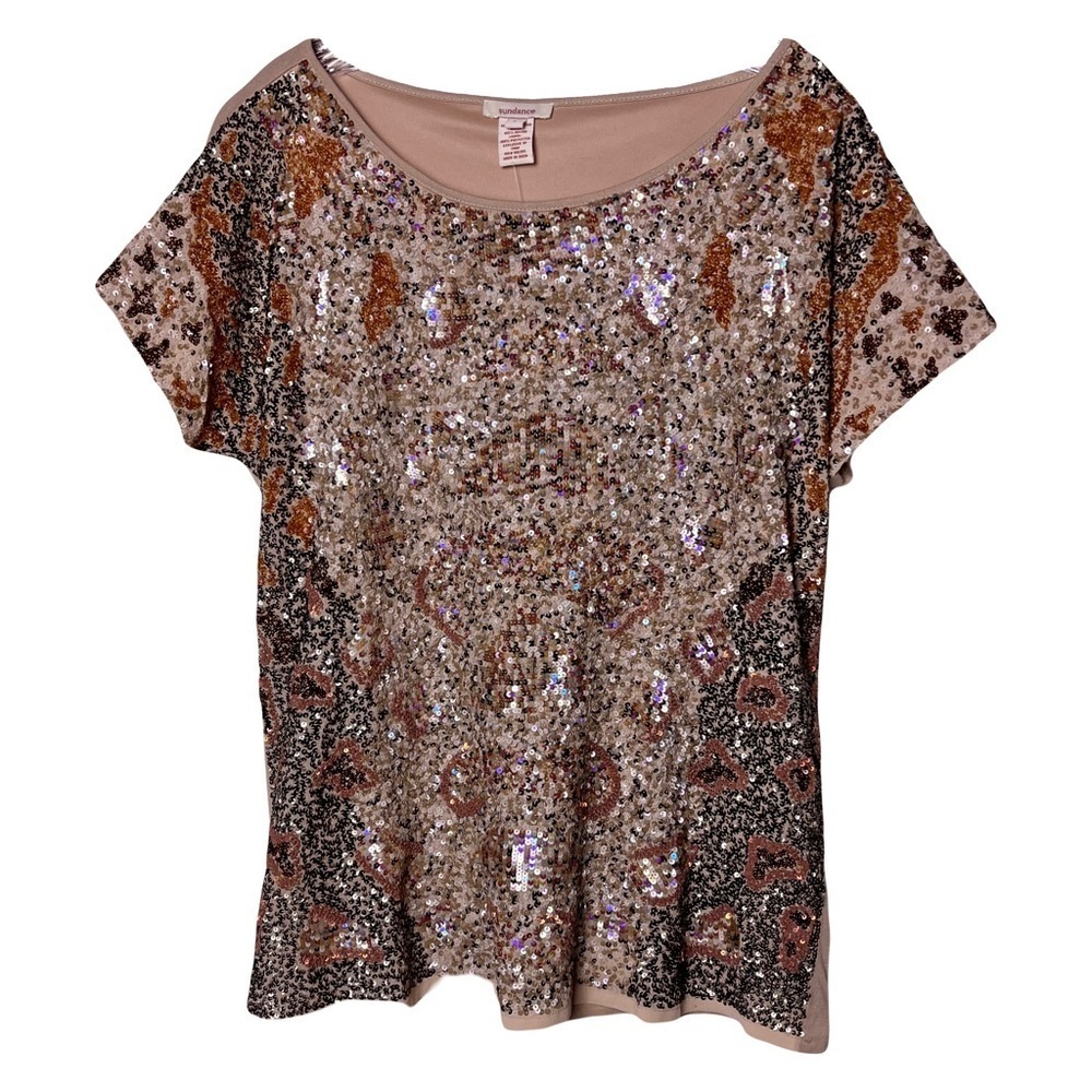 Sundance | New Tan Sequined Glam Short Sleeve Knit Tee, Large